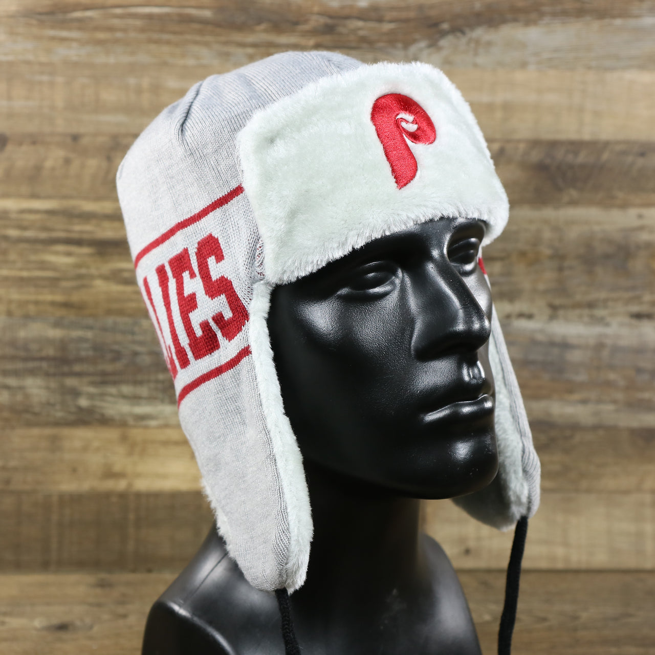 The Cooperstown Philadelphia Phillies Logo Wrapped Around Wordmark Trapper Hat | Gray Ushanka Hat