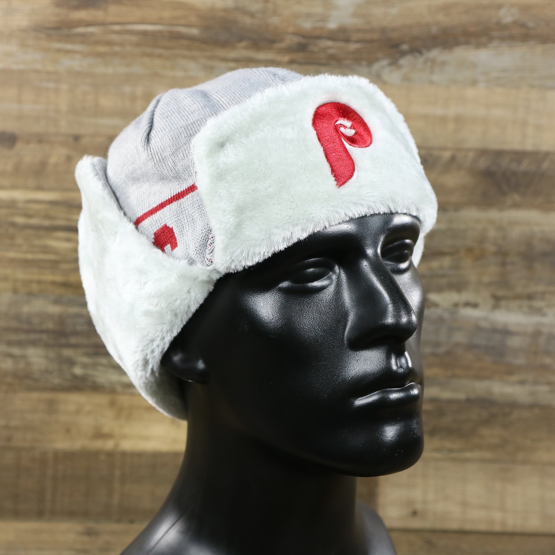 The Cooperstown Philadelphia Phillies Logo Wrapped Around Wordmark Trapper Hat | Gray Ushanka Hat with sides pulled up