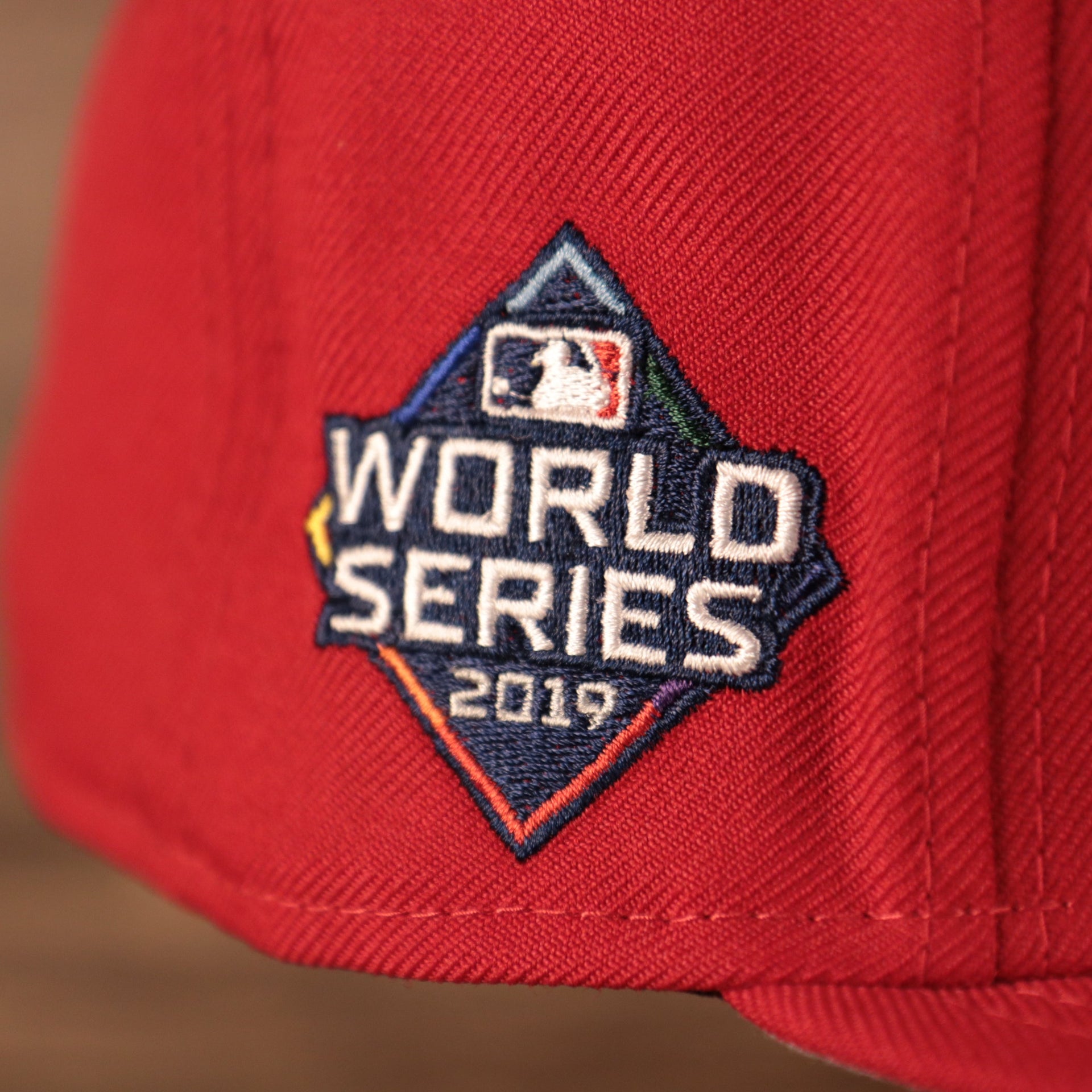 Close up of the 2019 World Series side patch on the Washington Nationals 2019 World Series Champ Script Gray Bottom Side Patch 59Fifty Fitted Cap