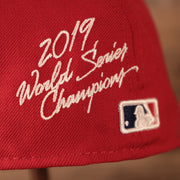 Close up of the 2019 World Series Champions script on the back of the Washington Nationals 2019 World Series Champ Script Gray Bottom Side Patch 59Fifty Fitted Cap