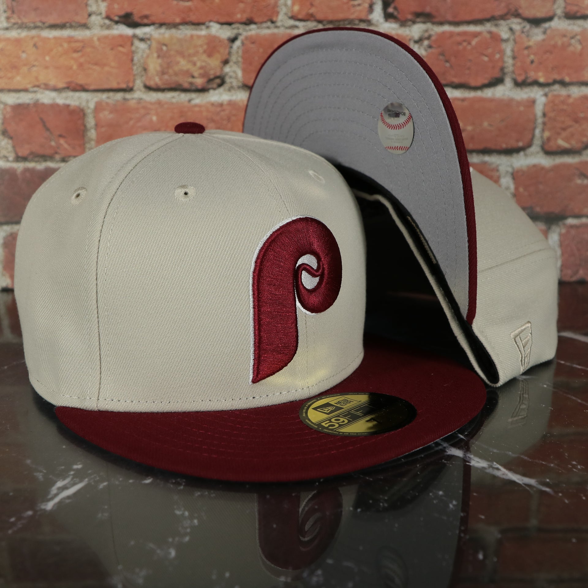 Philadelphia Phillies Cooperstown World Class 2-Time World Series Champions Two Tone Grey Bottom | Sand/Maroon 59Fifty Fitted Cap