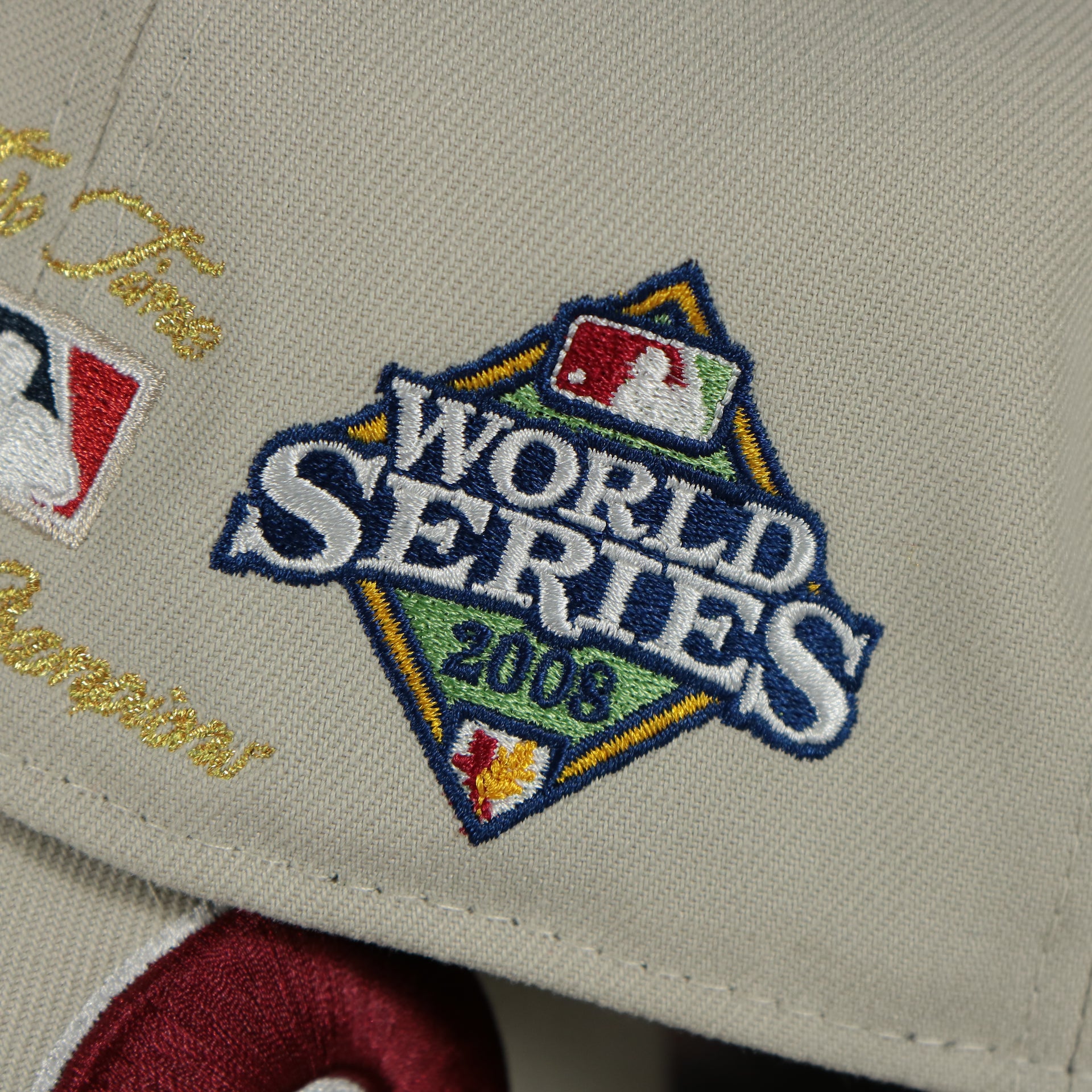 2008 world series patch on the Philadelphia Phillies Cooperstown World Class 2-Time World Series Champions Two Tone Grey Bottom | Sand/Maroon 59Fifty Fitted Cap