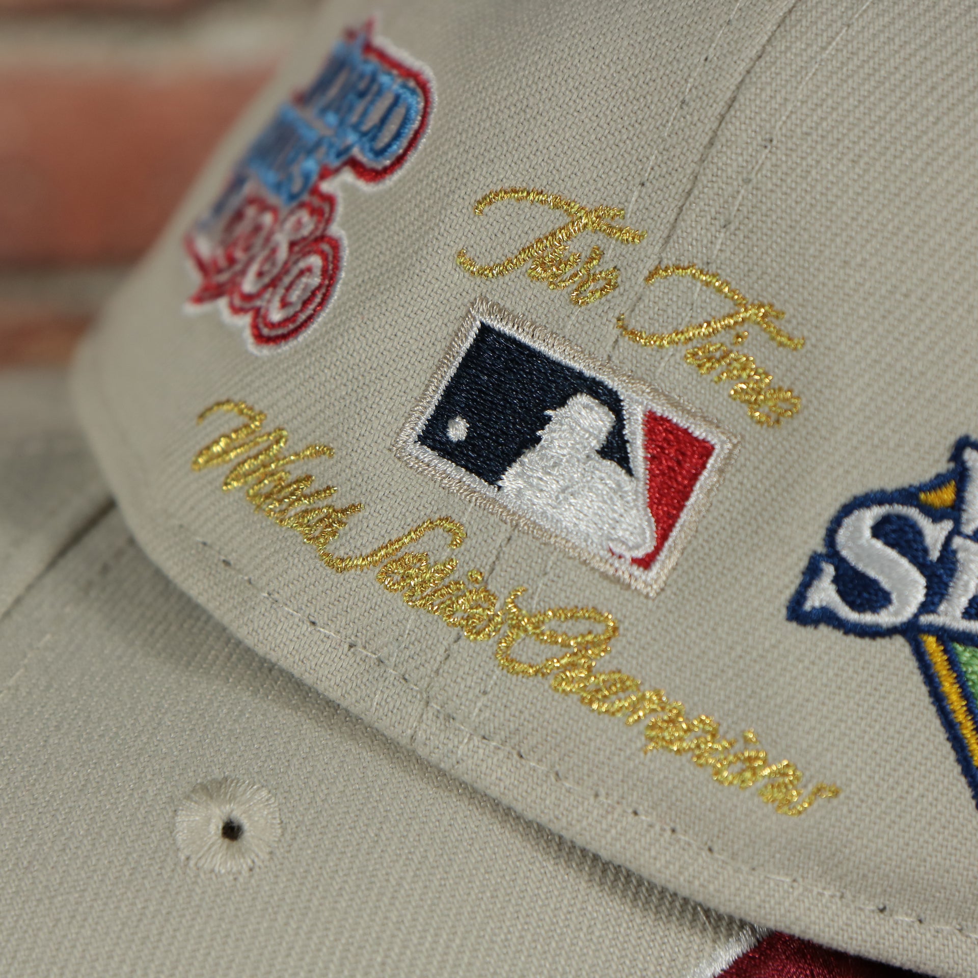 back side of the Philadelphia Phillies Cooperstown World Class 2-Time World Series Champions Two Tone Grey Bottom | Sand/Maroon 59Fifty Fitted Cap