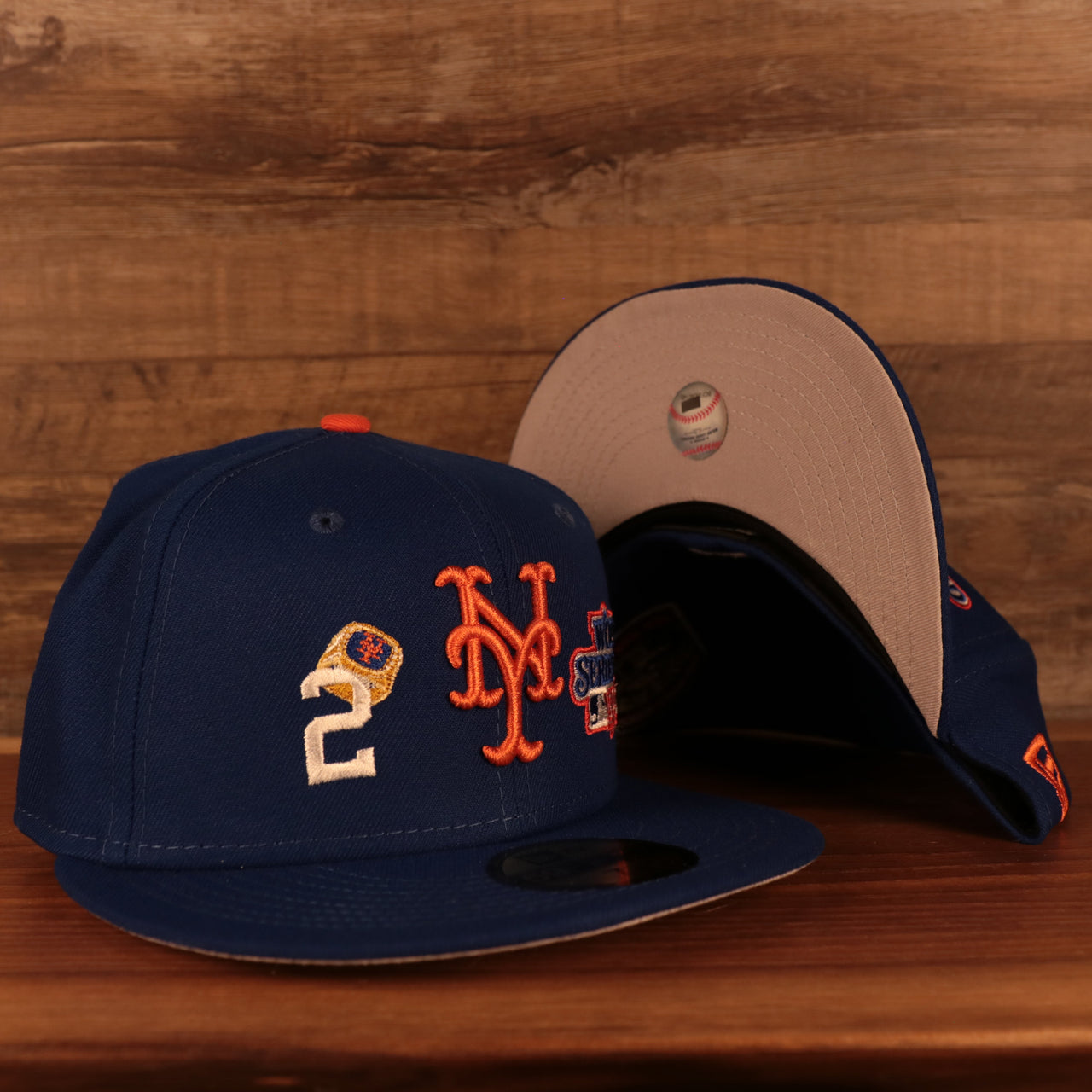 front and bottome view New York Mets Cooperstown "Championship Rings" All Over Side Patch Gray Bottom 59FIFTY Fitted Cap