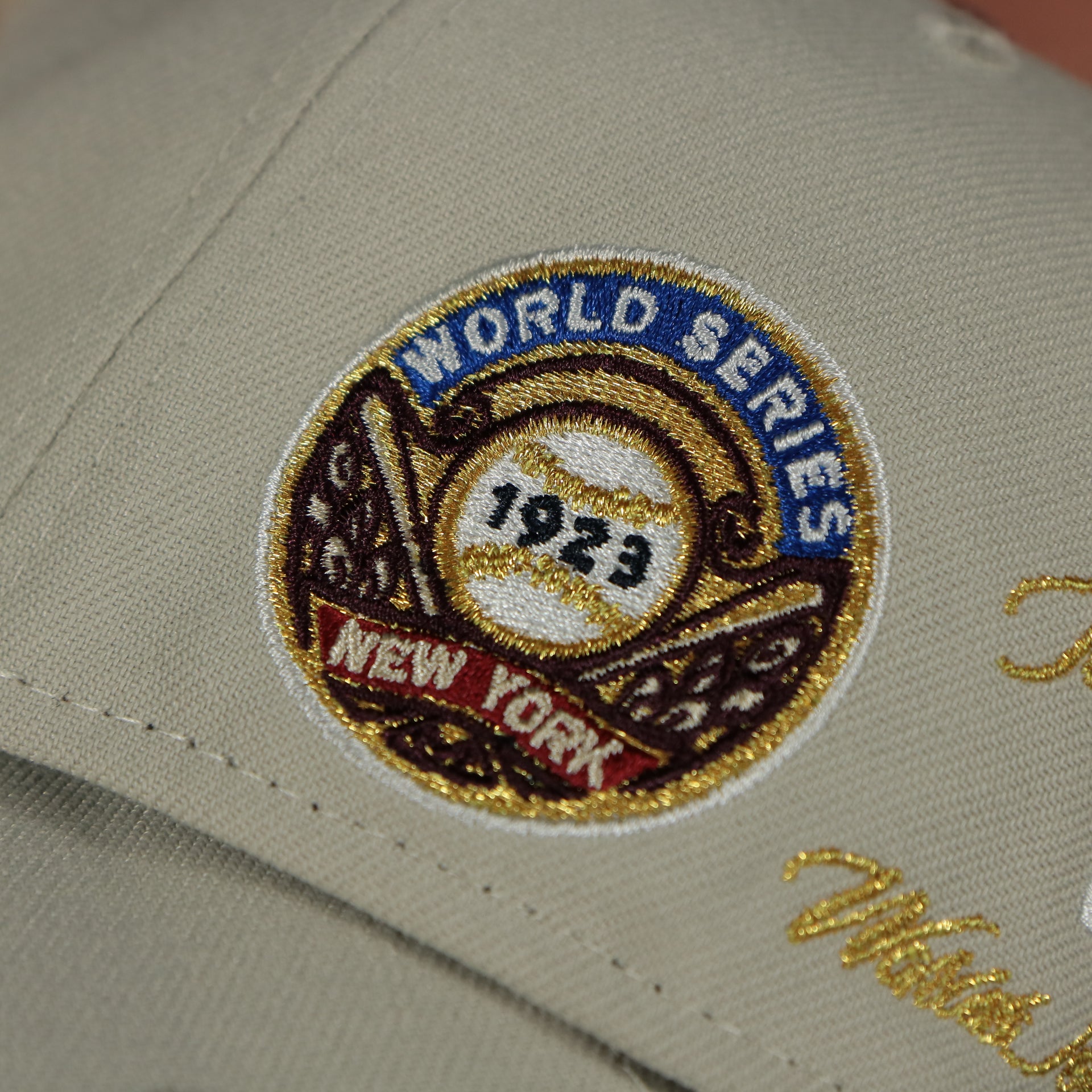 1923 world series patch on the New York Yankees World Class 27-Time World Series Champions Two Tone Grey Bottom | Sand/Navy 59Fifty Fitted Cap