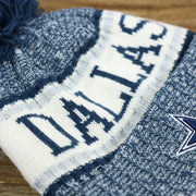 The Dallas Wordmark on the Dallas Cowboys On Field Cuffed Fisherman Knit Beanie | Navy Blue Winter Beanie