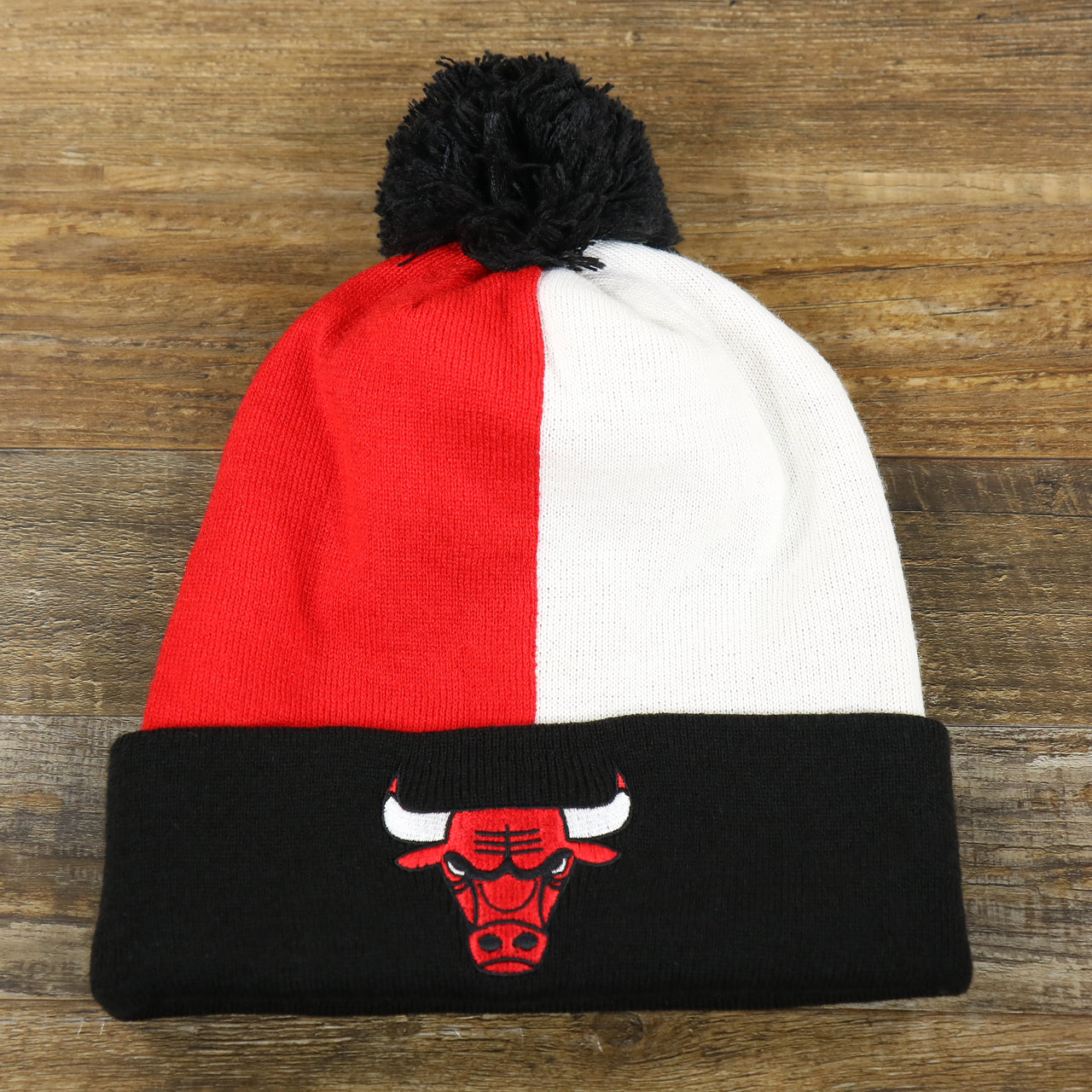 Chicago Bulls Cuffed Logo Split Beanie With Black Pom Pom | Red, White, And Black Beanie