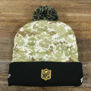 The backside of the Pittsburgh Steelers NFL Salute To Service Cuffed Winter Beanie | Camo and Black Beanie