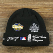 The backside of the Chicago White Sox All Over World Series Side Patch 3x Champion Knit Cuff Beanie | New Era, Black