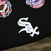 The White Sox Logo on the Chicago White Sox All Over World Series Side Patch 3x Champion Knit Cuff Beanie | New Era, Black