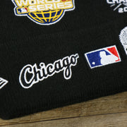 The Chicago Wordmark with the Retro MLB Batterman Logo on the Chicago White Sox All Over World Series Side Patch 3x Champion Knit Cuff Beanie | New Era, Black