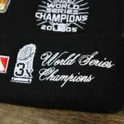The 3x World Series Champions Logo on the Chicago White Sox All Over World Series Side Patch 3x Champion Knit Cuff Beanie | New Era, Black