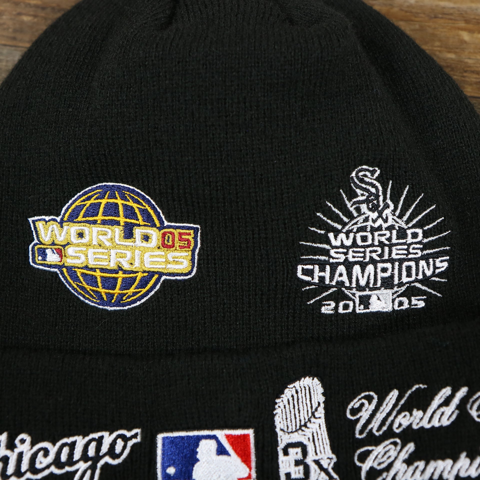 The World Series Patch on the Chicago White Sox All Over World Series Side Patch 3x Champion Knit Cuff Beanie | New Era, Black