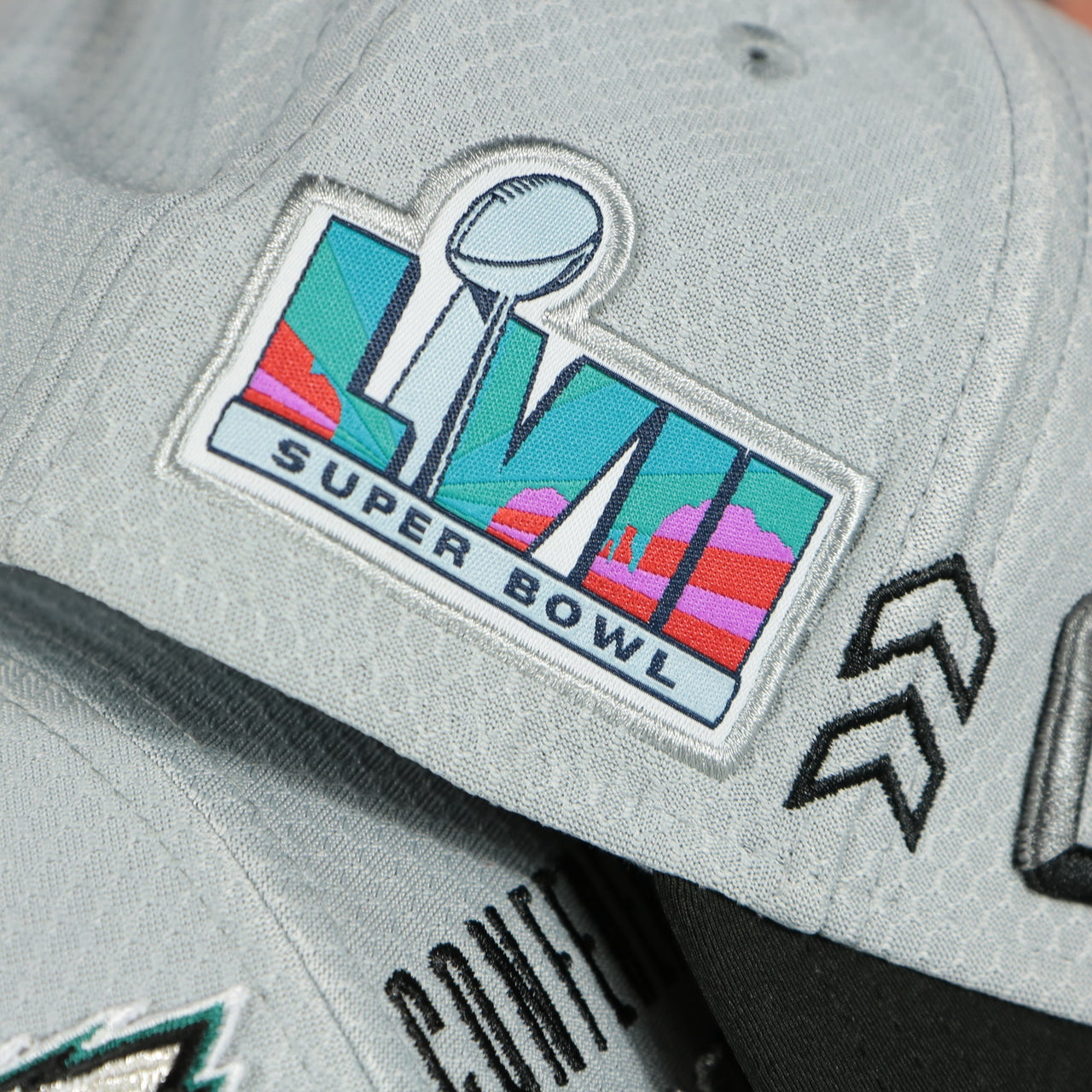 LVII super bowl side patch on the Philadelphia Eagles LVII Superbowl Conference Champions Two Tone Gray/Black 9Forty Dad Hat