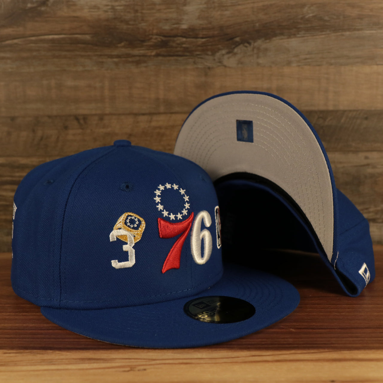 front and under visor view Philadelphia 76ers "Championship Rings" All Over Side Patch Gray Bottom 59FIFTY Fitted Cap