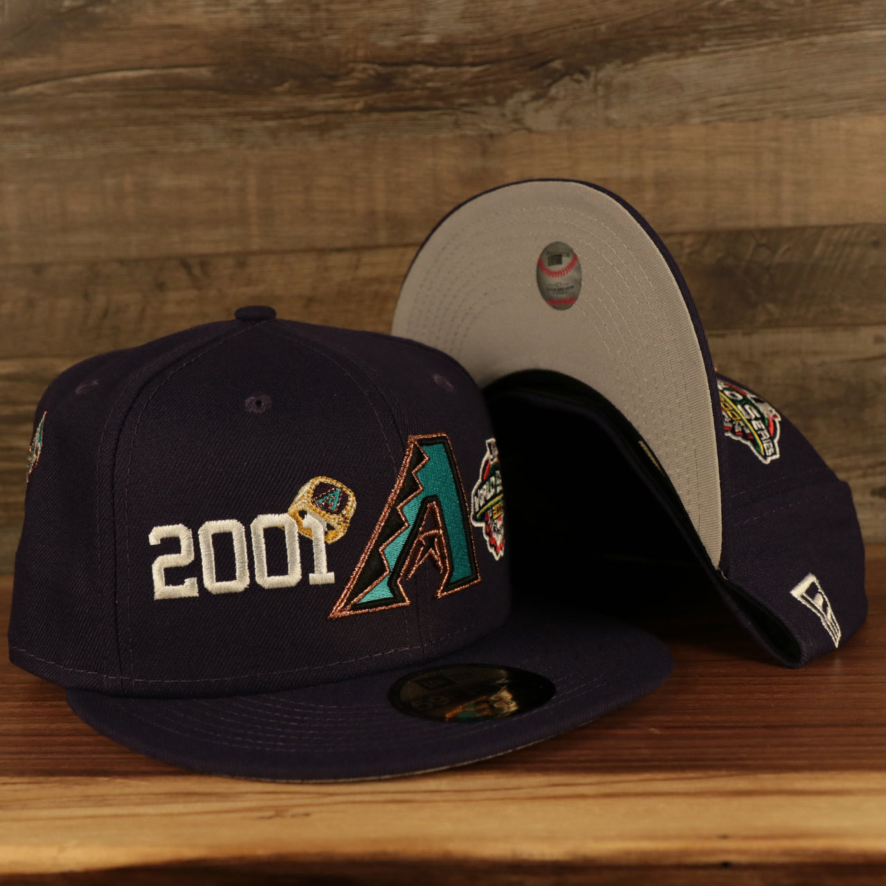 front and bottom view of the Arizona Diamondbacks Cooperstown "Championship Rings" All Over Side Patch Gray Bottom 59FIFTY Fitted Cap