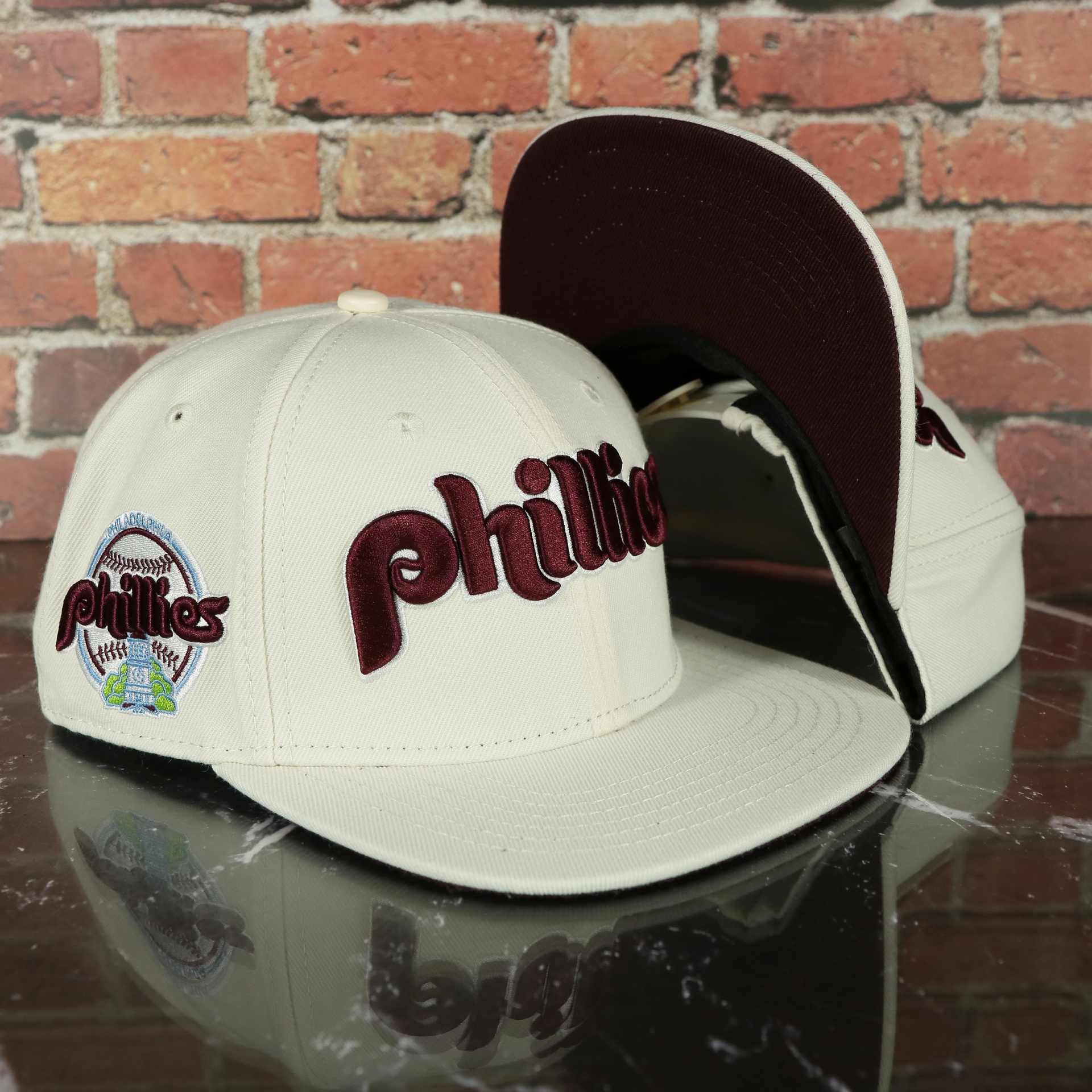Philadelphia Phillies Cooperstown 1970 "Phillies" Script 1984 Phillies logo side patch Cream Snapback Hat