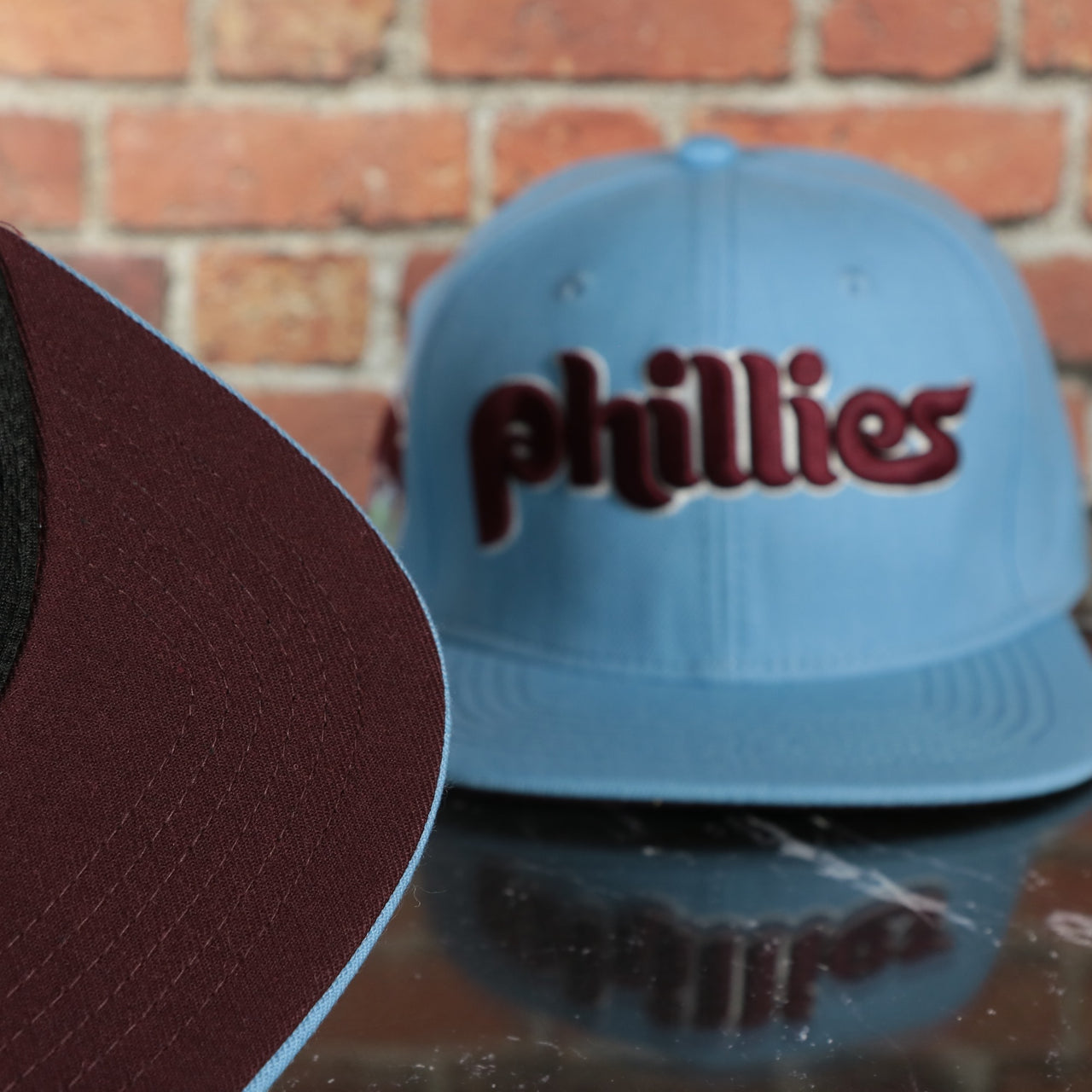 maroon under visor on the Philadelphia Phillies Cooperstown 1970 "Phillies" Script 1984 Phillies logo side patch Sky Blue Snapback Hat
