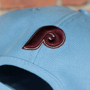 1970 phillies logo on the Philadelphia Phillies Cooperstown 1970 "Phillies" Script 1984 Phillies logo side patch Sky Blue Snapback Hat