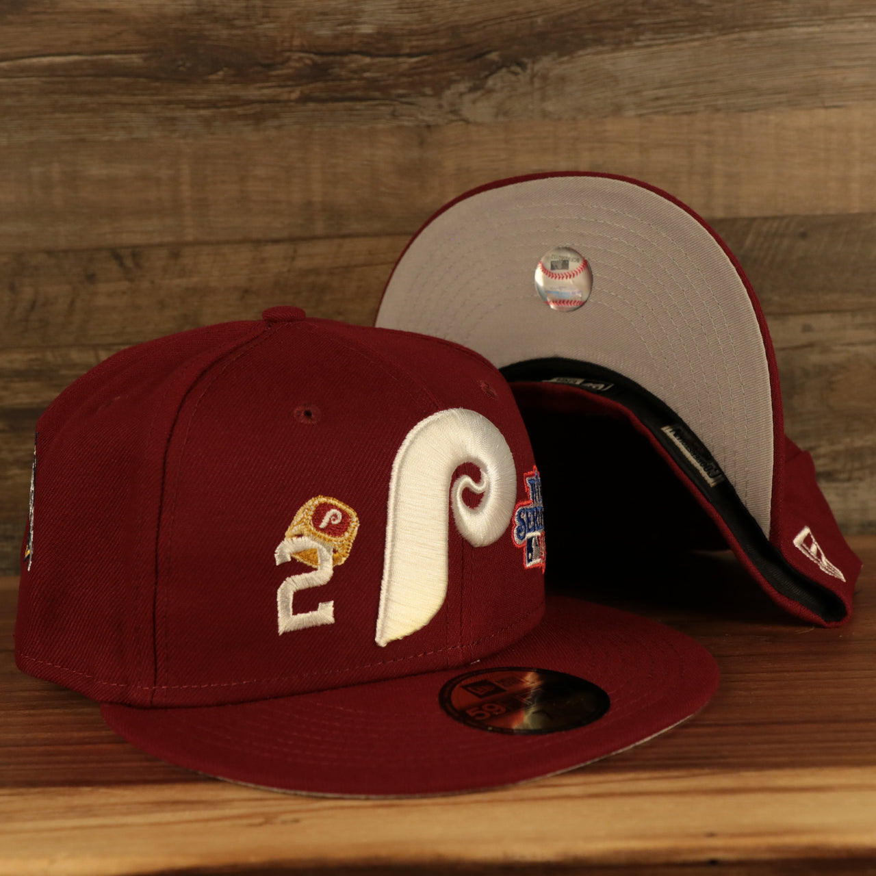 front and under brim of the Philadelphia Phillies Cooperstown "Championship Rings" All Over Side Patch Gray Bottom 59FIFTY Fitted Cap