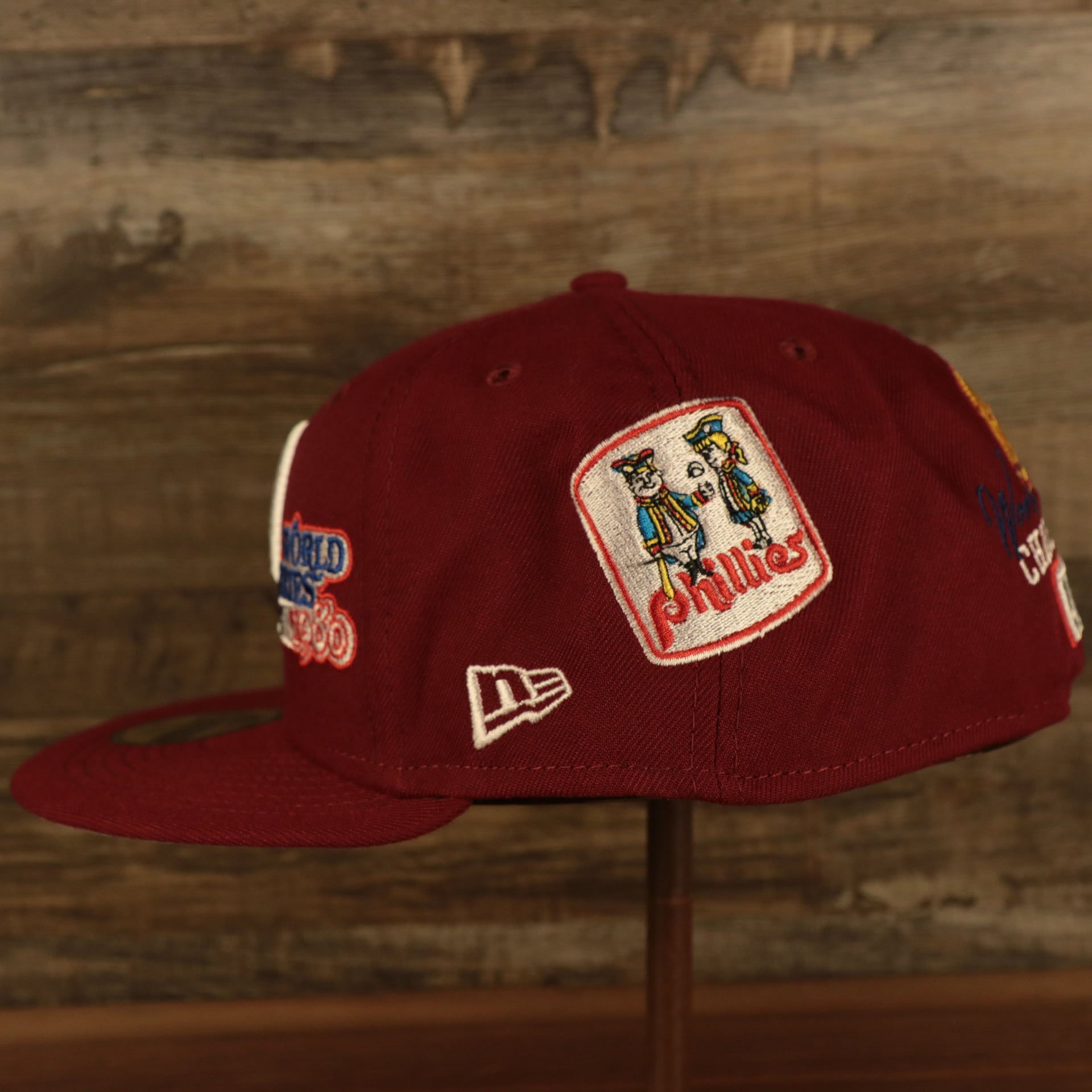 wearers left side of the Philadelphia Phillies Cooperstown "Championship Rings" All Over Side Patch Gray Bottom 59FIFTY Fitted Cap