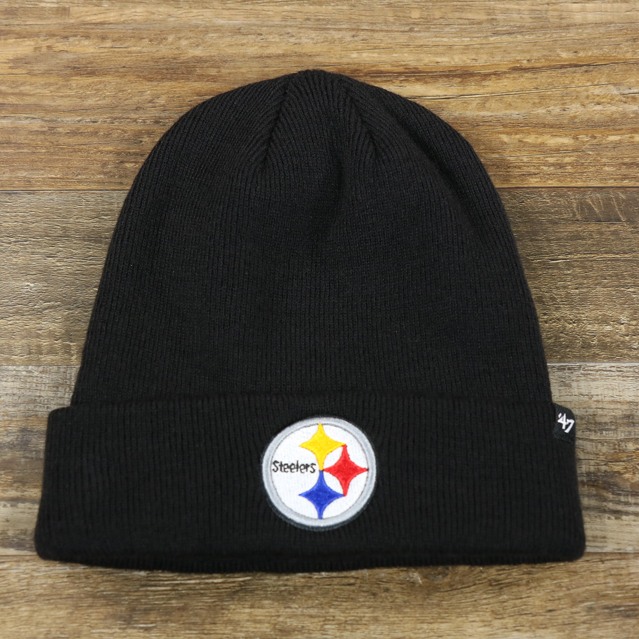 The front of the Pittsburgh Steelers Basic Cuffed Winter Beanie | Black Winter Beanie