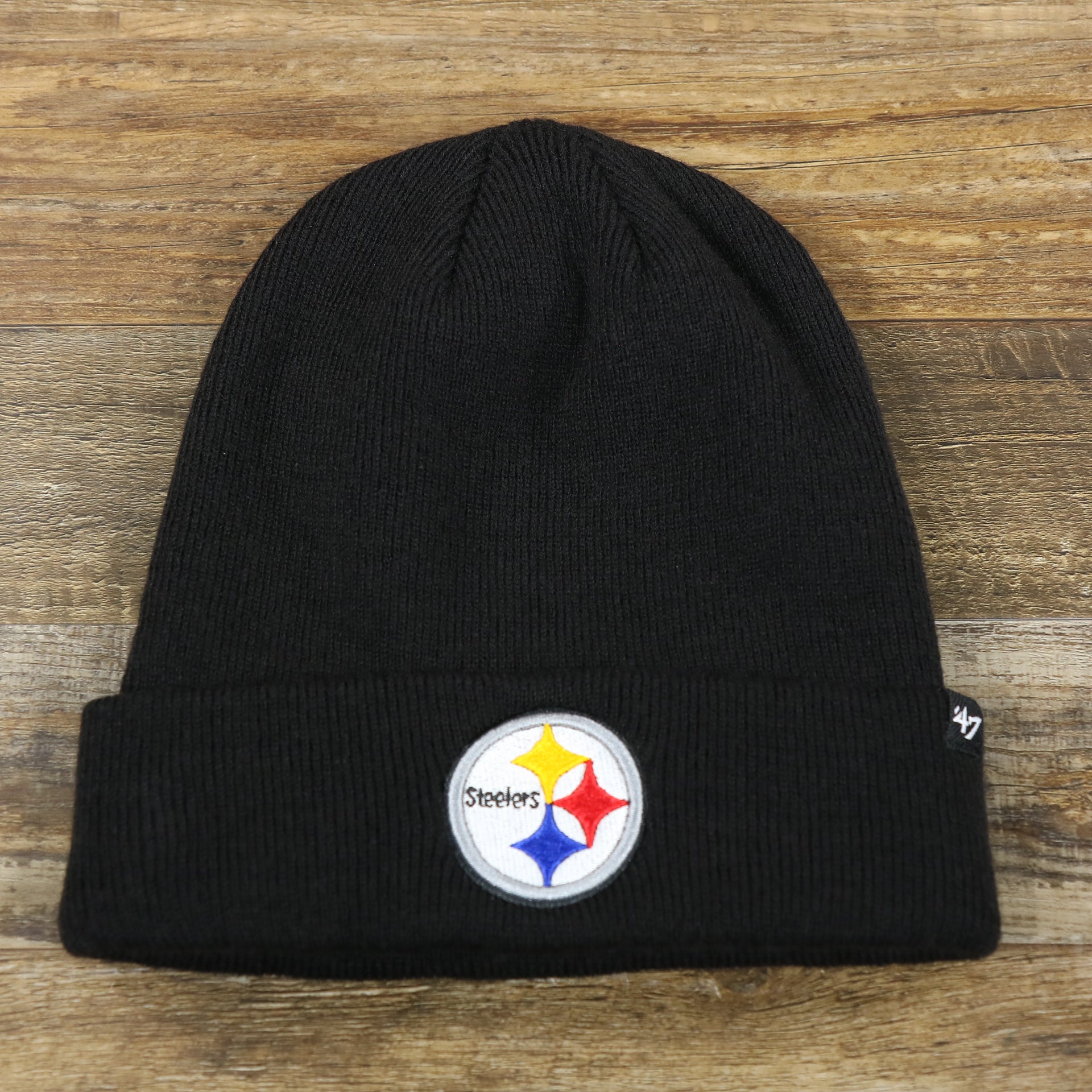 The front of the Pittsburgh Steelers Basic Cuffed Winter Beanie | Black Winter Beanie