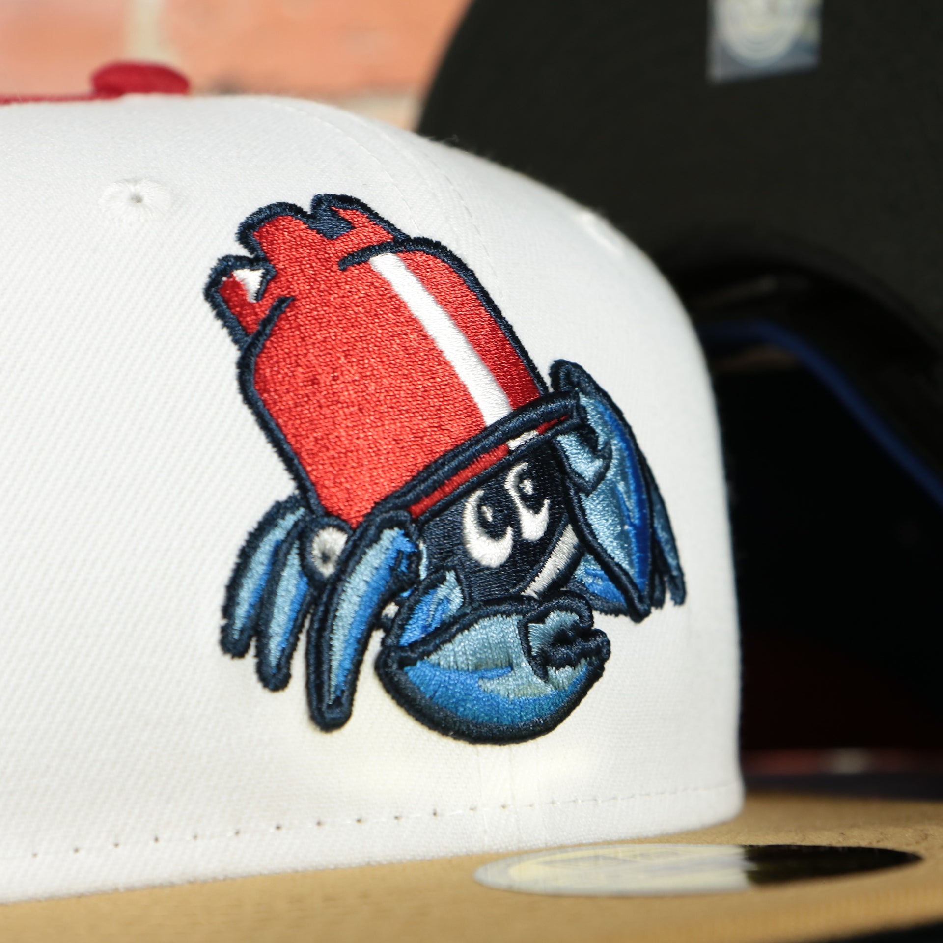 bucket blueclaw on the Jersey Shore On Field Plain Jane Blueclaws Bucket Blueclaw  MiLB Black bottom 4 Tone | White/Red/Tan/Royal 59Fifty Fitted Cap