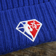 The NBA 75th Anniversary Logo on the Philadelphia 76ers Knit Wordmark Phila Arch Lettering Join Or Die Snake NBA Draft Striped Beanie | Royal Blue and Red Beanie