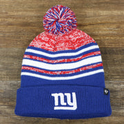The front of the Kid’s New York Giants Striped Pom Pom Winter Beanie | Royal Blue, Red, And White Beanie