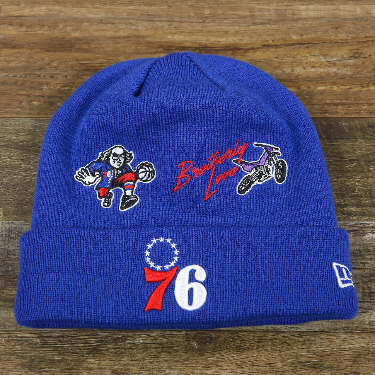 The front of the Philadelphia 76ers "City Transit" 59Fifty Fitted Matching All Over Side Patch Beanie