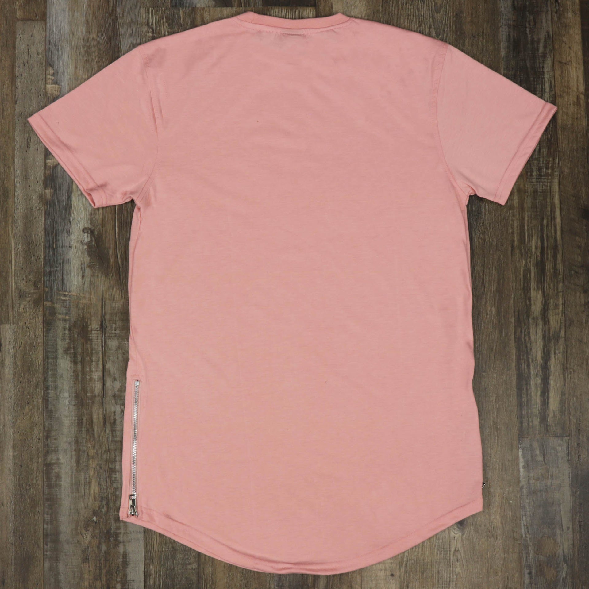 Back of the Scallop Hem Curved Bottom Long Fit Extended Men's Streetwear T-Shirt with Side Zippers | Pastel Pink