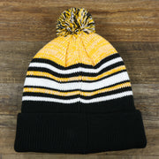 The backside of the Kid’s Pittsburgh Steelers Striped Pom Pom Winter Beanie | Black, Yellow, And White Beanie