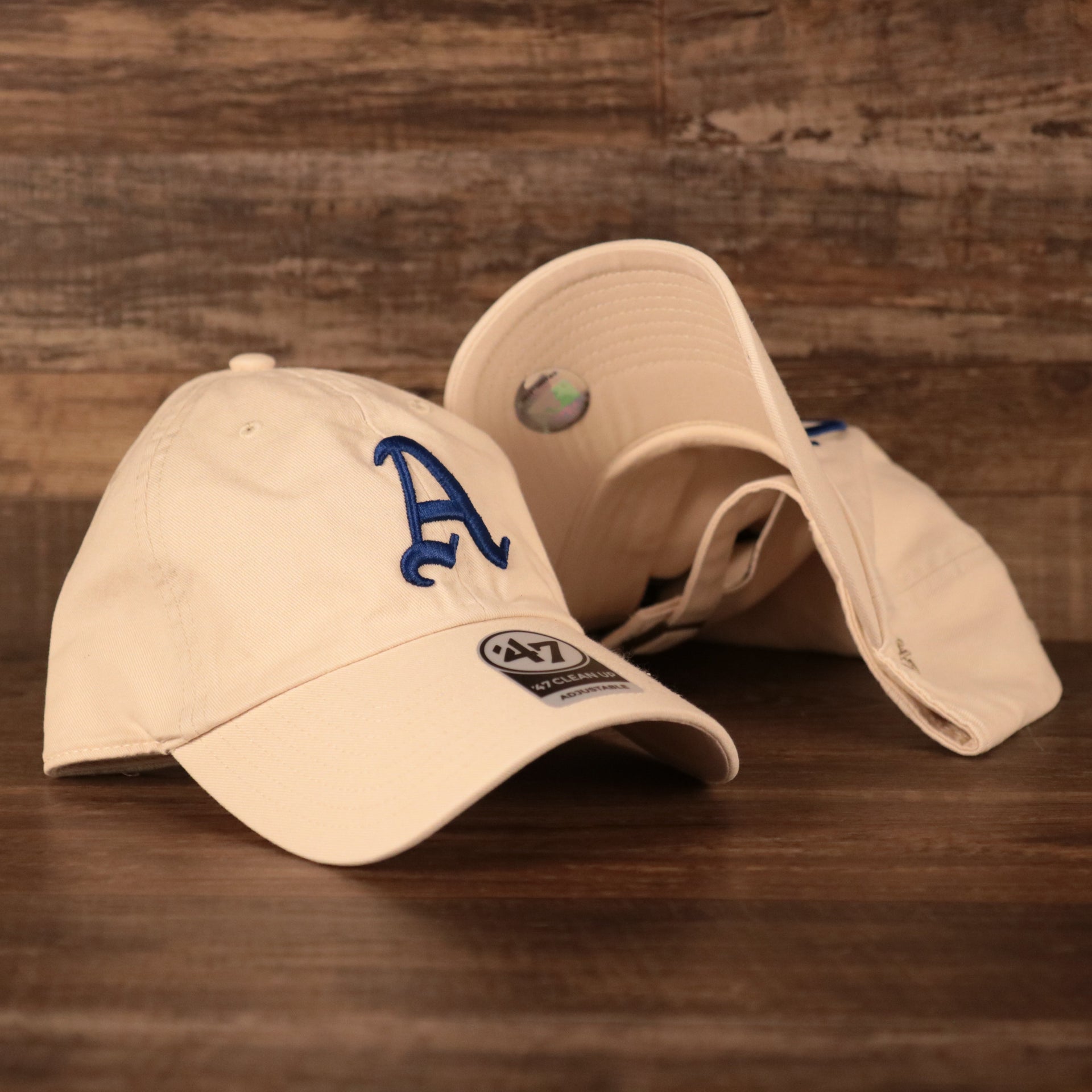 Philadelphia Athletics Royal Blue Logo Retro Cream Dad Hat  Front and underbrim view of the cap