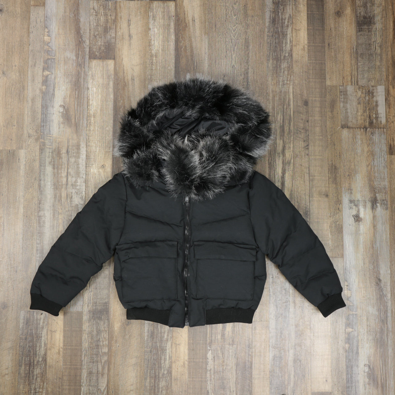 front of the Youth Black Bubble Puffer Parka Jacket With Removable Faux Fur Hood (Vegan Fur)