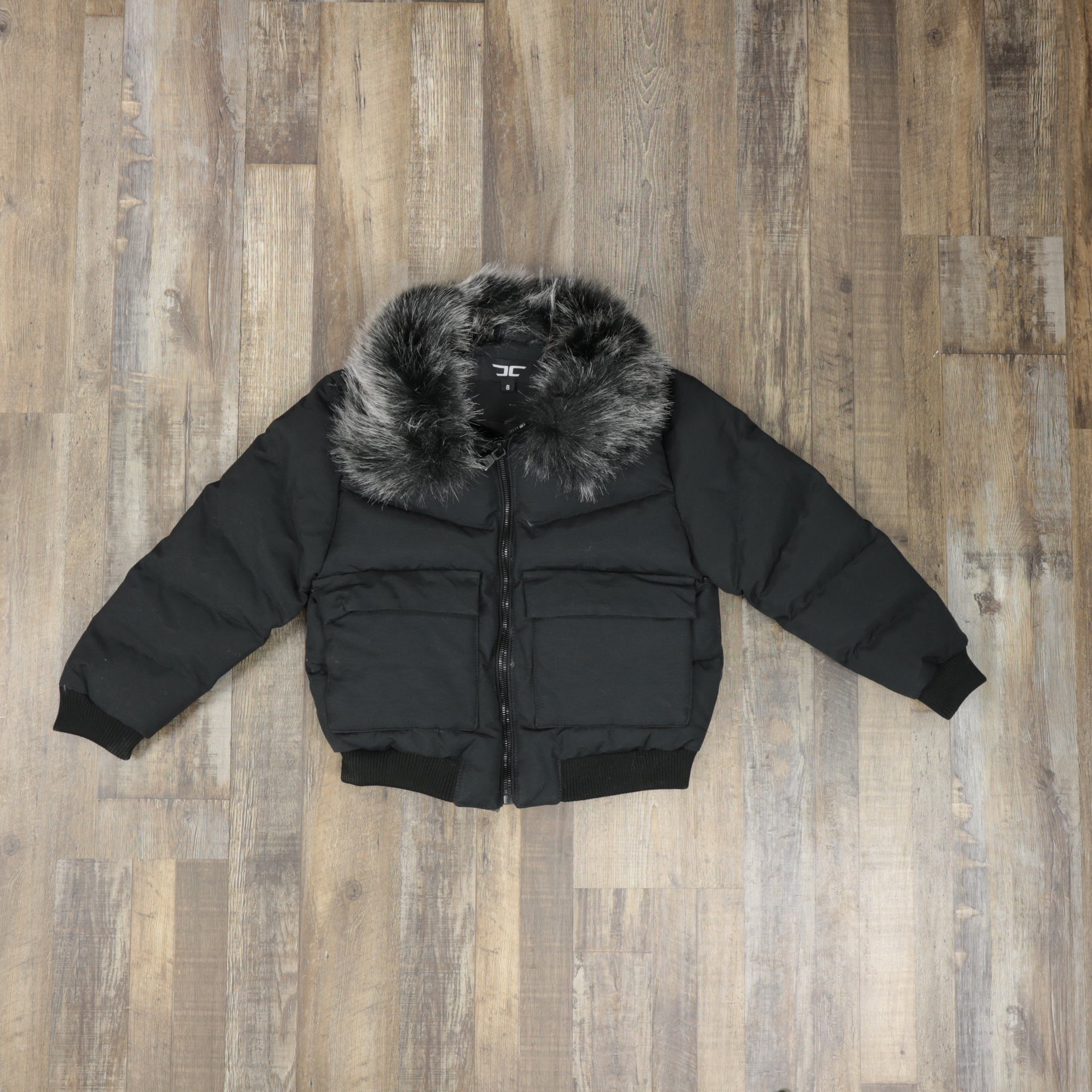 front of the jacket with no hood Youth Black Bubble Puffer Parka Jacket With Removable Faux Fur Hood (Vegan Fur)