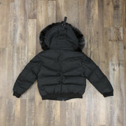 back of the Youth Black Bubble Puffer Parka Jacket With Removable Faux Fur Hood (Vegan Fur)