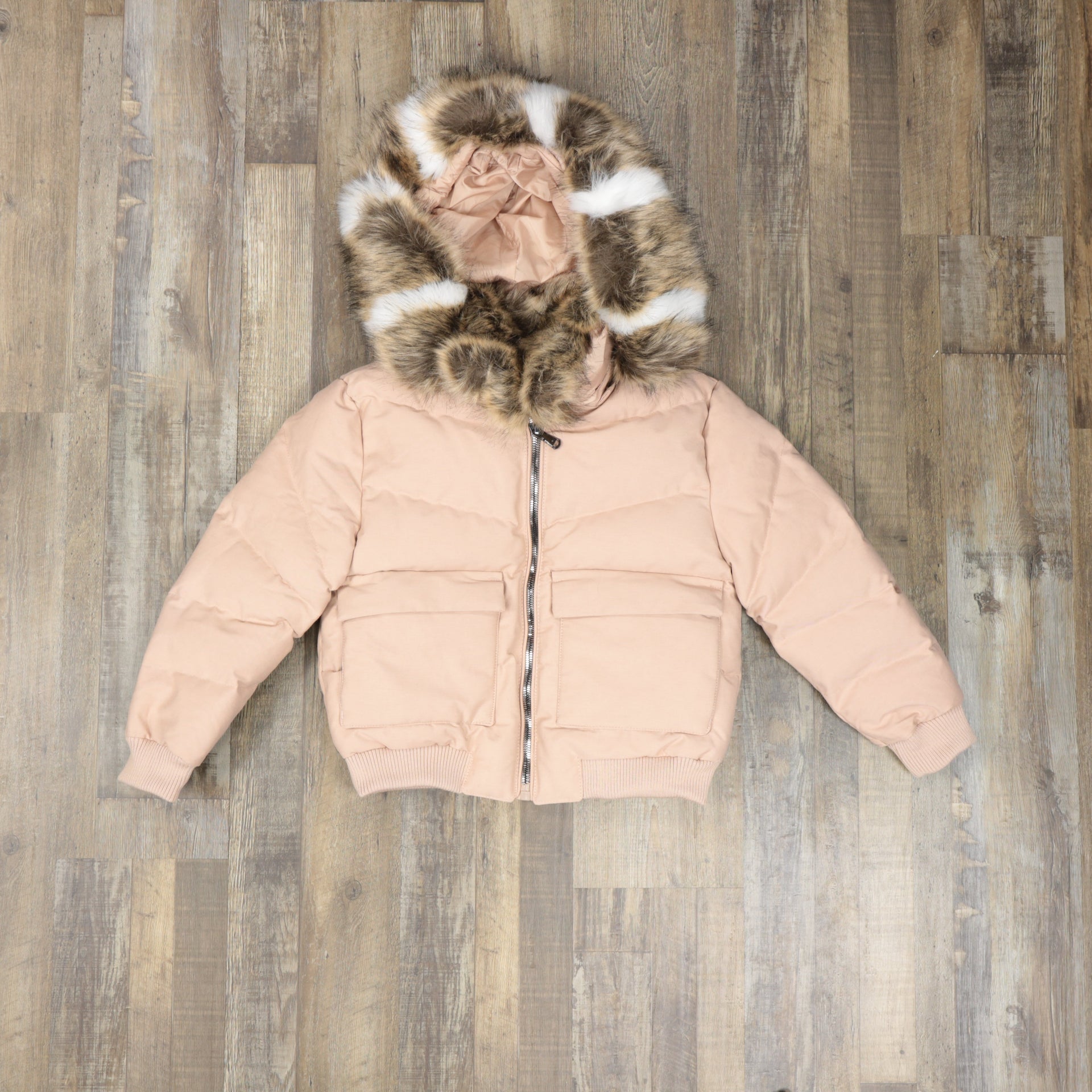 front of the Youth Dusty Rose Bubble Puffer Parka Jacket With Removable Faux Fur Hood (Vegan Fur)