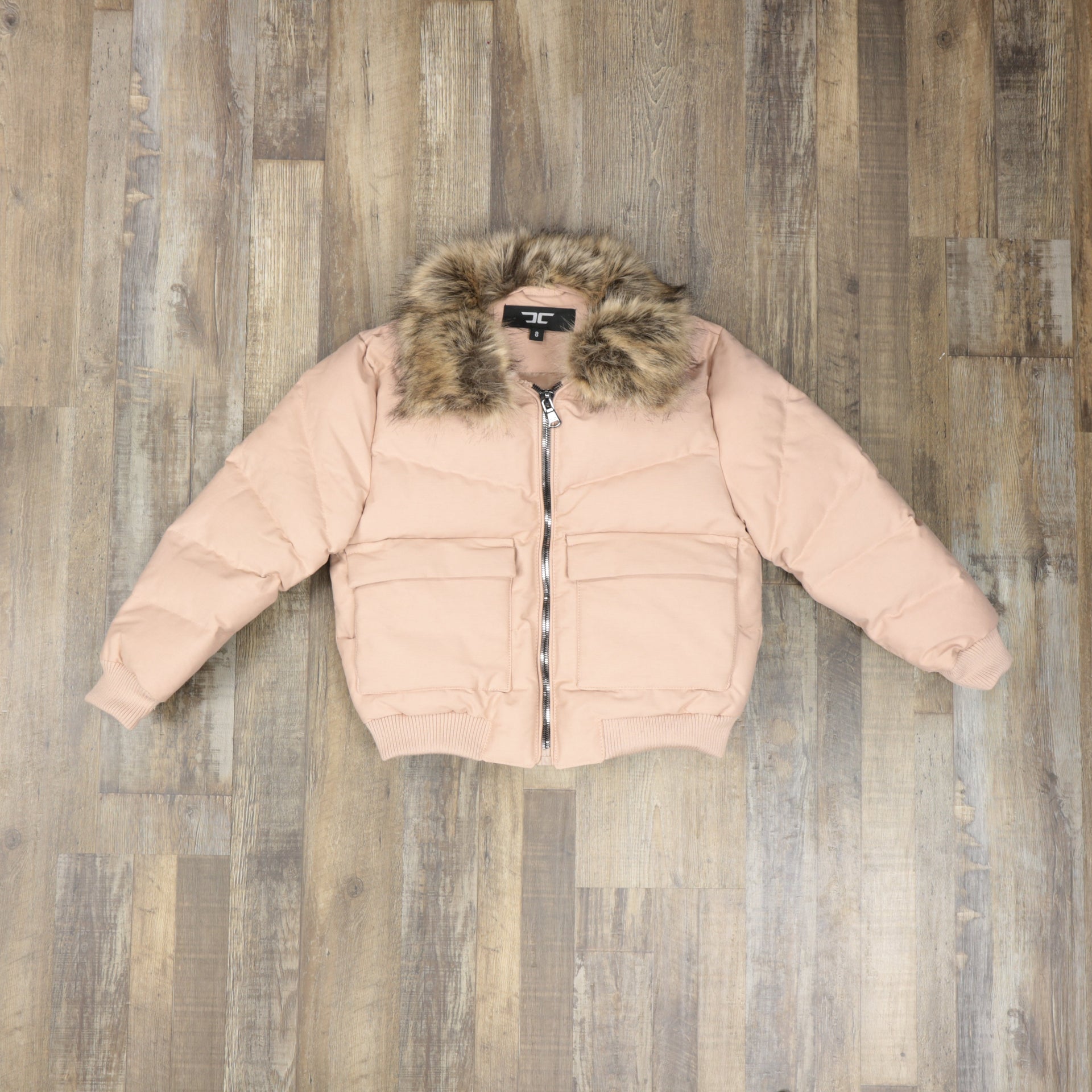front of the jacket with no hood Youth Dusty Rose Bubble Puffer Parka Jacket With Removable Faux Fur Hood (Vegan Fur)