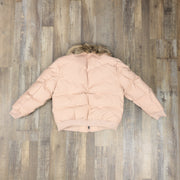 back of the jacket with now hood Youth Dusty Rose Bubble Puffer Parka Jacket With Removable Faux Fur Hood (Vegan Fur)
