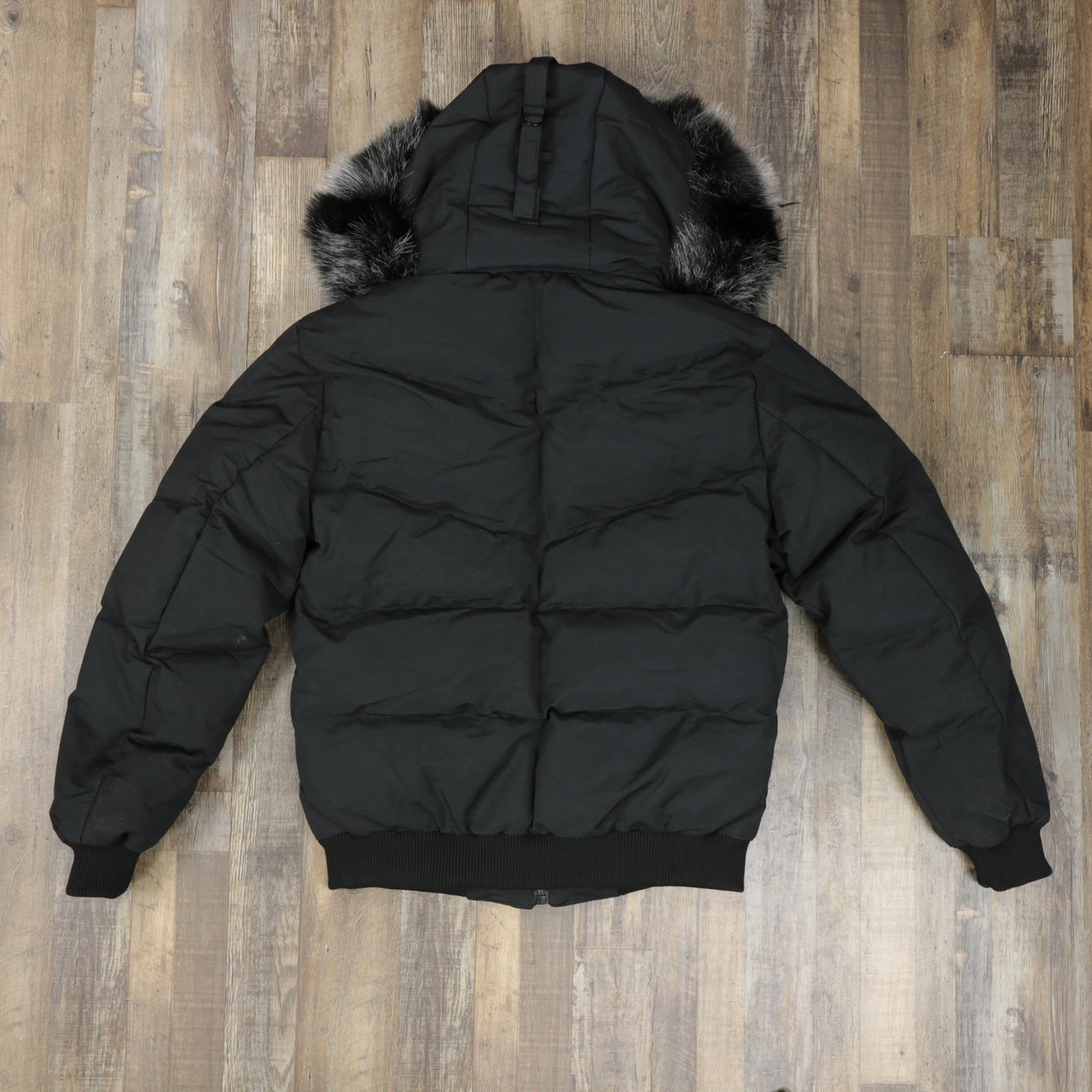 back of the Men's Black Bubble Puffer Parka Jacket With Removable Faux Fur Hood (Vegan Fur)