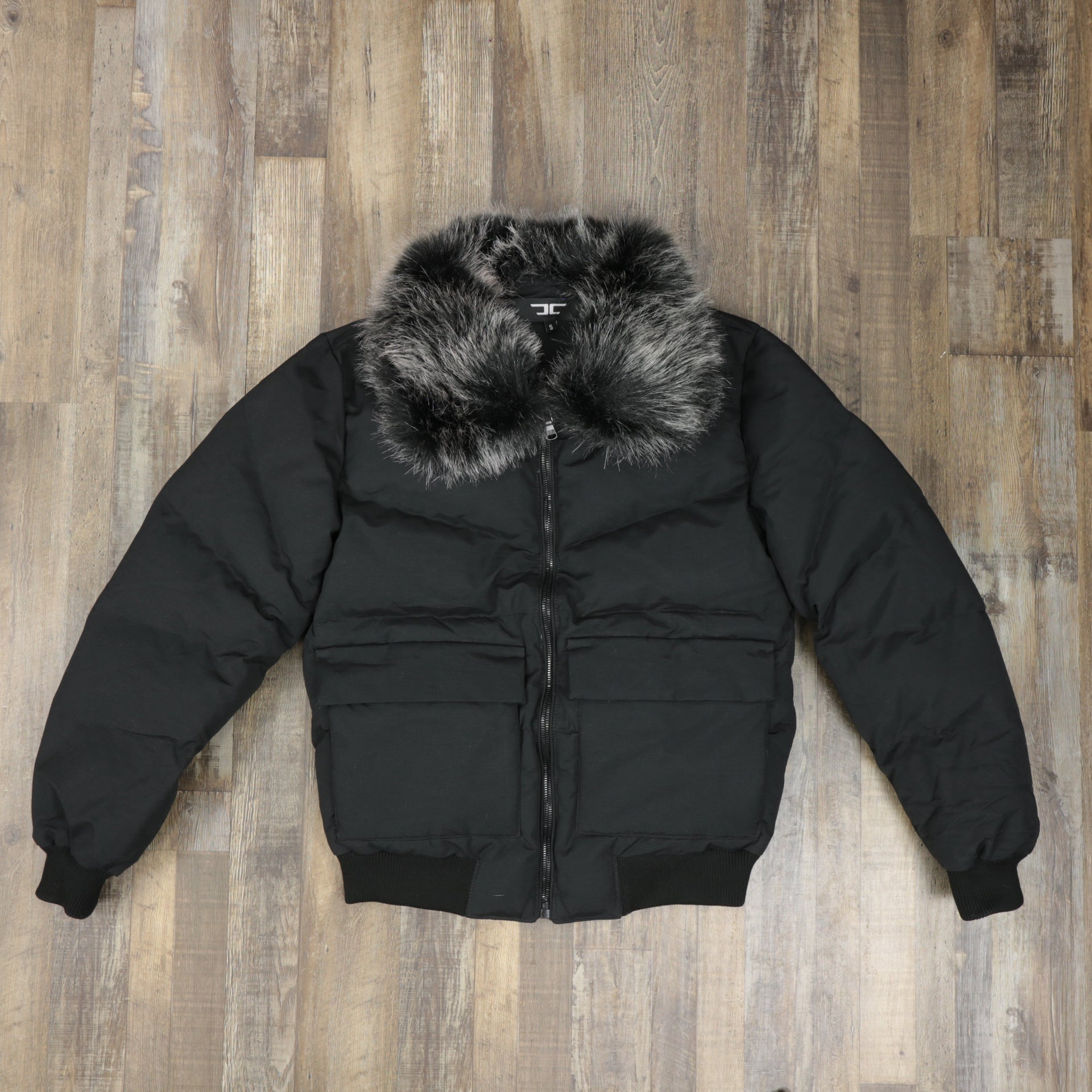 front of the jacket with no hood Men's Black Bubble Puffer Parka Jacket With Removable Faux Fur Hood (Vegan Fur)
