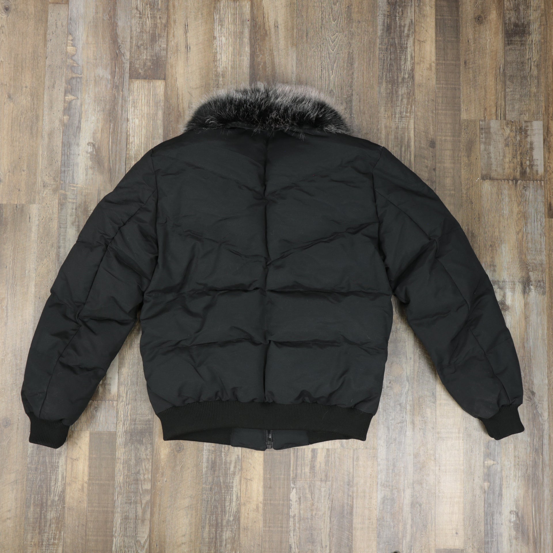 back of the jacket with no hood Men's Black Bubble Puffer Parka Jacket With Removable Faux Fur Hood (Vegan Fur)