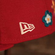 Close up of the New Era flag on the Philadelphia Phillies All Over Floral Pattern Flower Crotchet Side Patch Pink Bottom 59Fifty Fitted Cap