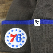 The 47 Brand Tag on the Philadelphia 76ers Cuffed Logo Baraka Knit Charcoal Winter Beanie | Gray And Royal Blue Beanie