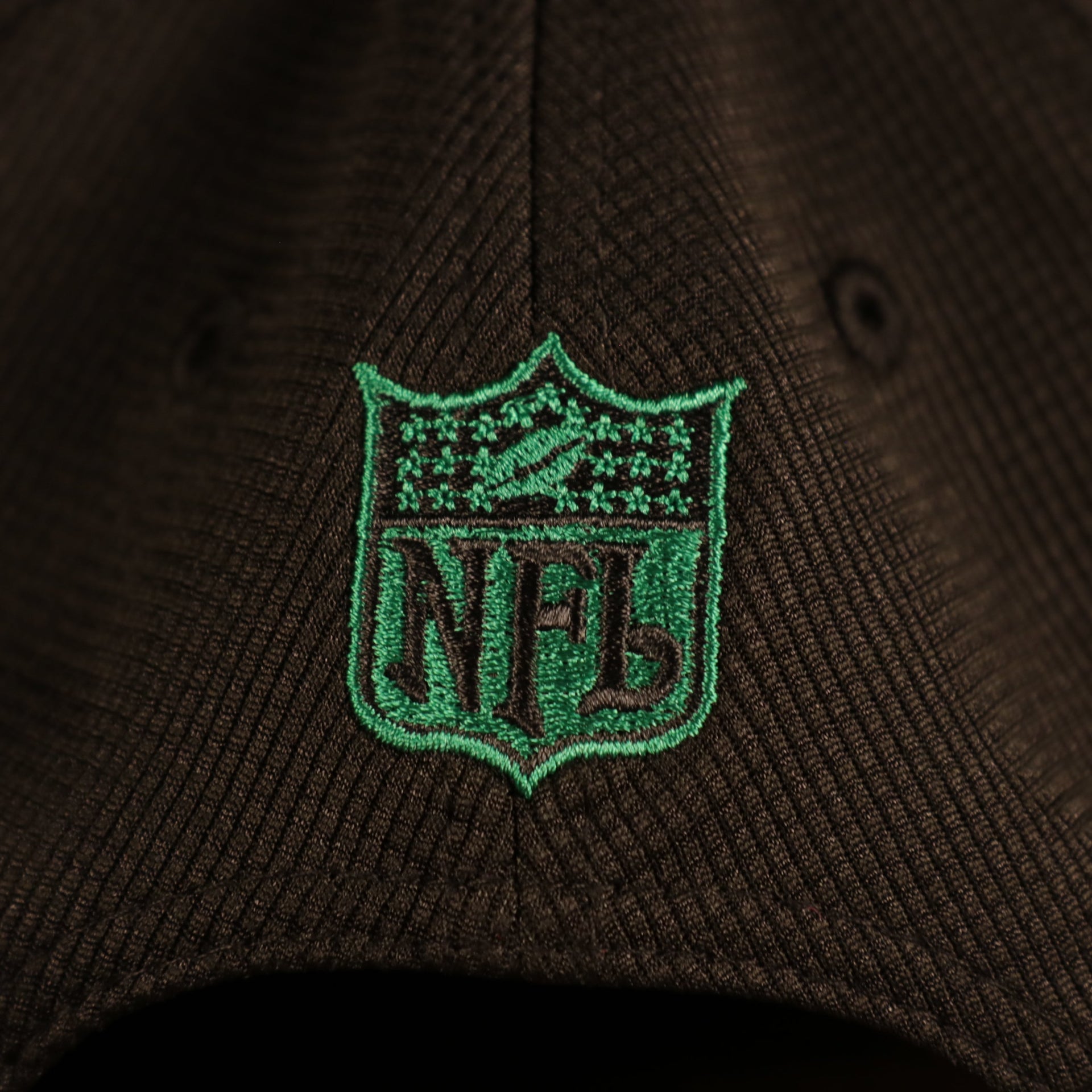 Close up of NFL shield on back of Philadelphia Eagles 2021 Sideline On-Field Throwback Logo 9Fifty Snapback Hat
