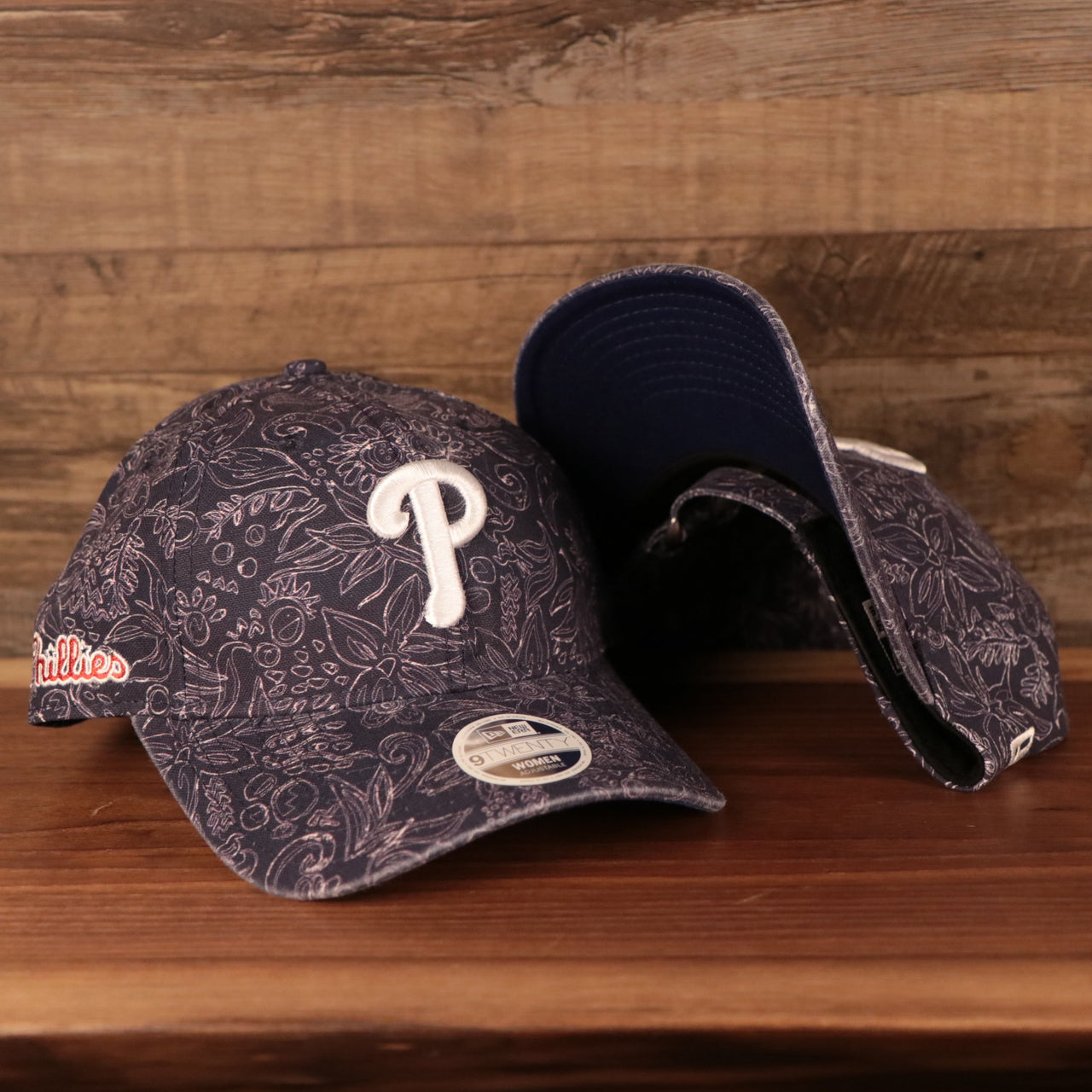 front and bottom of the Philadelphia Phillies Floral Pattern Blue Women's 9Twenty Adjustable Dad Hat
