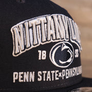 Close up of front logo on Vintage Penn State Nittany Lions Cap | 1855 Penn State x Pennsylvania Navy 9Fifty Snapback Hat