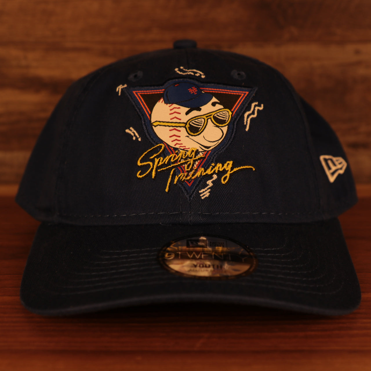 front of the New York Mets Spring Training 2022 Mr. Met Retro On Field Blue Youth 9Forty Dad Hat