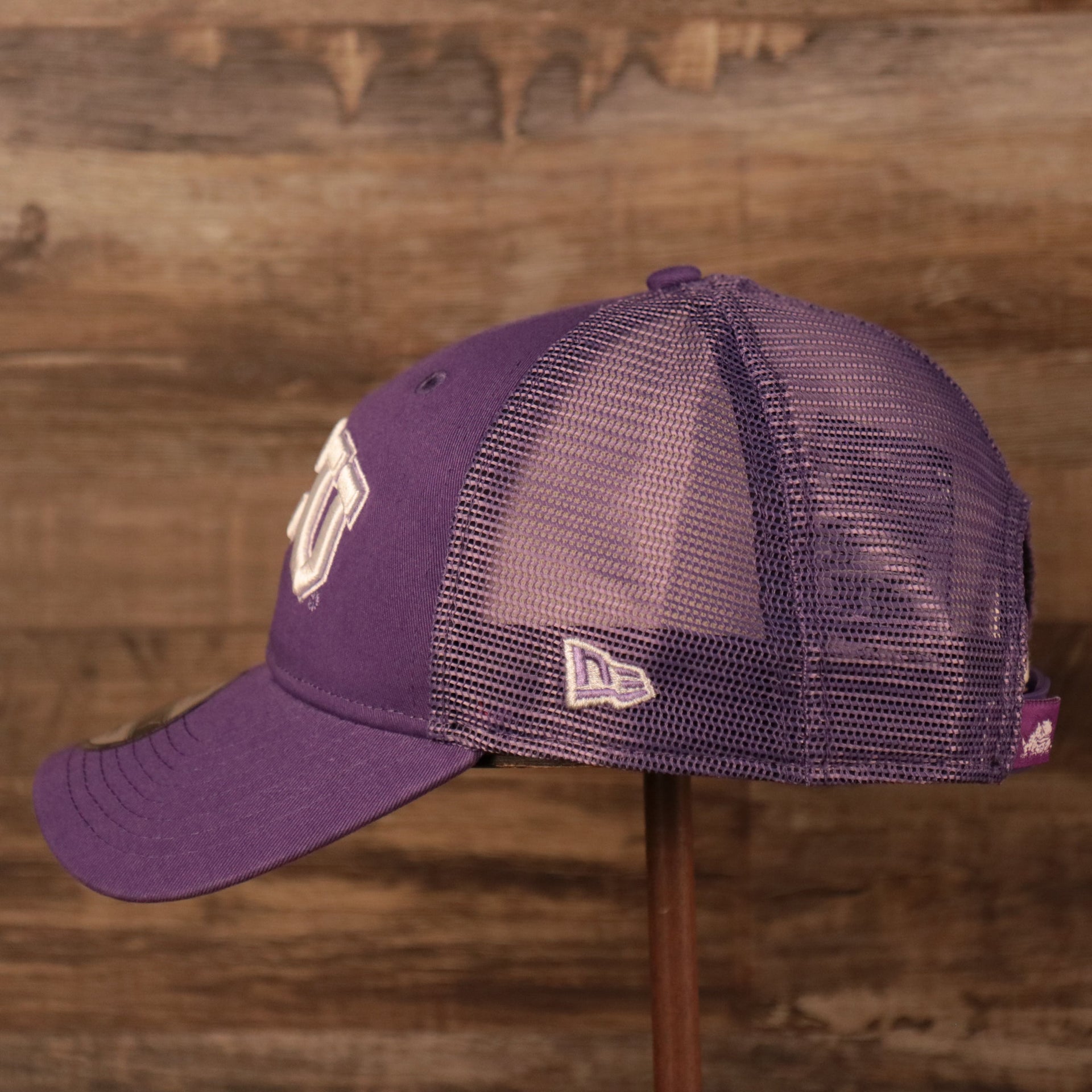 wearers left side of the TCU Horned Frogs Purple Adjustable Trucker Dad Hat